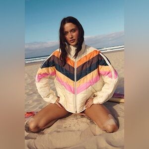 NWT FREE PEOPLE MOVEMENT Pippa Packable Shine Puffer | Camper Stripes Ivory $228